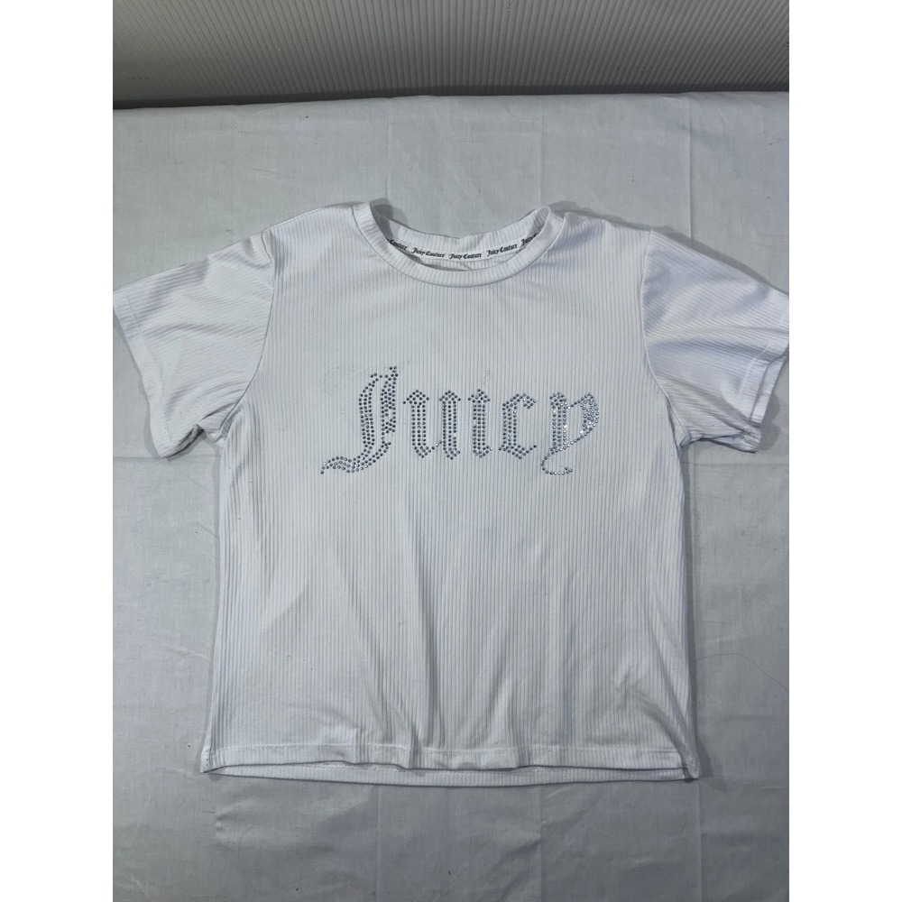 Juicy Couture Ribbed Rhinestone Logo T Shirt Top White Size Medium